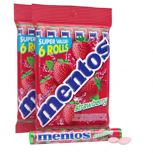 Mentos Strawberry Chewy Mint Candy Roll, 14 Pieces Per Roll, Party Pack (Pack of 12)
