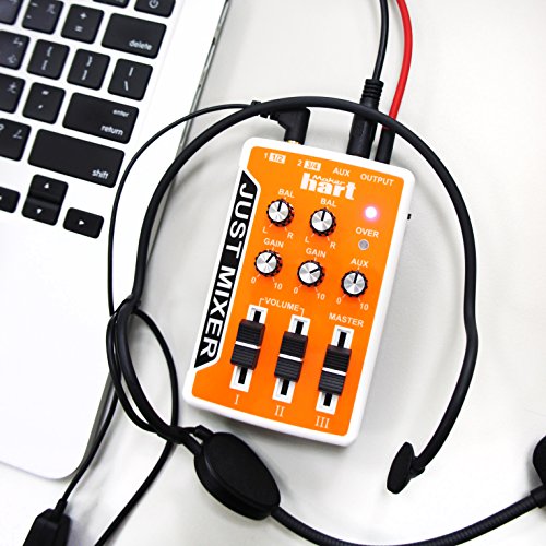 JUST MIXER Audio Mischpult - Batterie-/USB-betriebenes Tragbares Taschen-Audio Mischer mit 3 Stereokanälen (3,5mm) Mit Ein/Aus Schalter (Orange)