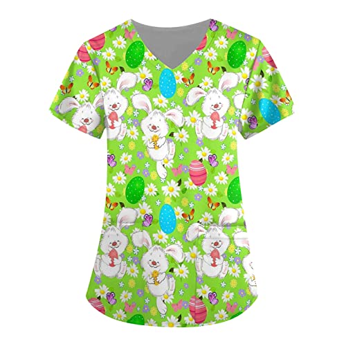 St. Patrick's Day Scrub Tops Women Easter Scrubs Nurse Working Uniforms Print V Neck Short Sleeve Medical Scrub Shirts