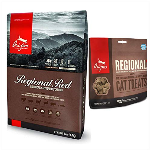 Orijen Regional Red Cat Food 4 LB. Bag. Biologically Appropriate and Regional Red Cat Treat 1.25 Ounce Bag.