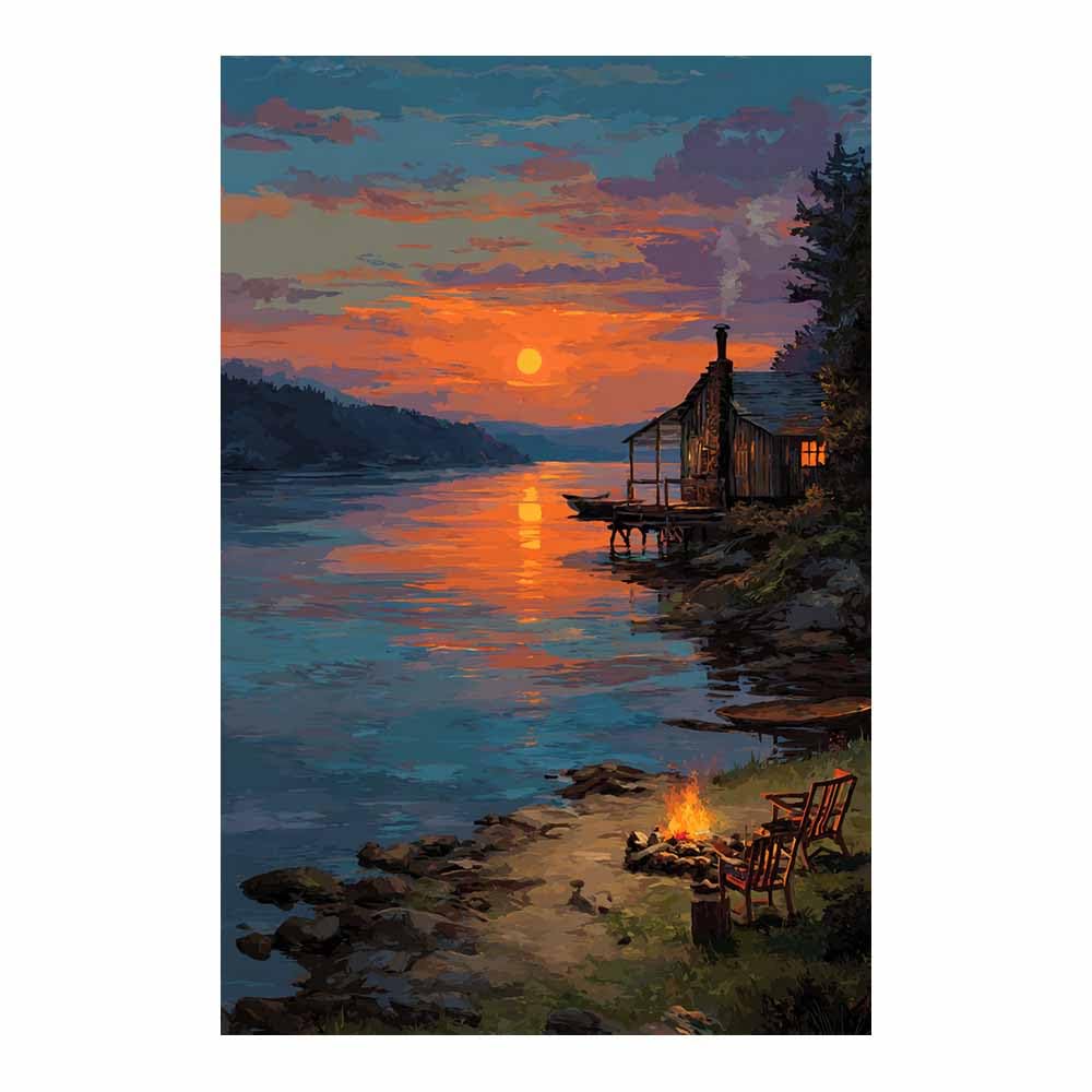 XENIOU Landscape Canvas Wall Art Lake Cabin Sunset artwork, wall decoration Living Room Bedroom Hallway Stairs Decoration(Multicolor)-70x100cm Unframed
