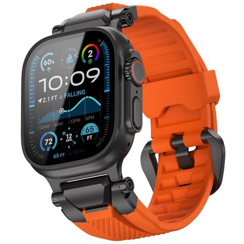 Image of ULTIMAL Rugged Band for Apple Watch Ultra 3 /2 /1 49mm, Series 11 /10 /9 /8 /7 /6 /5 /4 SE 46mm /45mm /44mm, Waterproof, Soft TPU Strap with Stainless Steel Buckle & Connectors, Sweat-Resistant, Easy to Clean, Fits 155-225mm Wrist (Black /Orange)