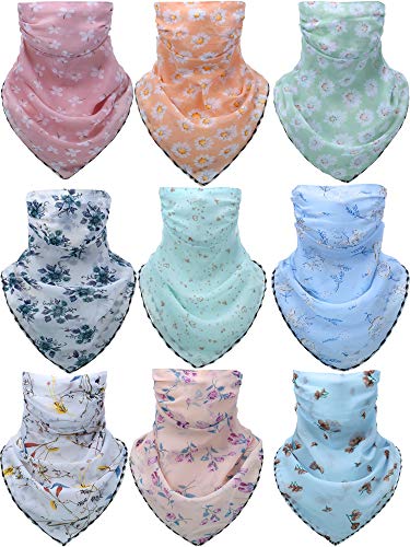 9 Pieces Women Sun Protection Face Cover Chiffon Ear Loops Bandana Neck Gaiter Printed Scarf Balaclava Neck Covers
