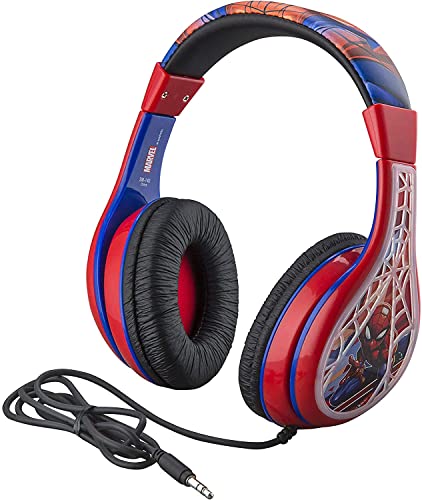 eKids Spiderman Kids Headphones, Adjustable Headband, Stereo Sound, 3.5Mm Jack, Wired Headphones for Kids, Tangle-Free, Volume Control, Childrens Headphones Over Ear for School Home, Travel