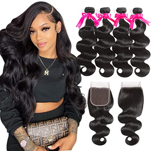 Flady 10A Brazilian Body Wave Hair 4 Bundles with Closure Unprocessed Virgin Human Hair Bundles with 4x4 Lace Closure (18 18 18 18+16inch)