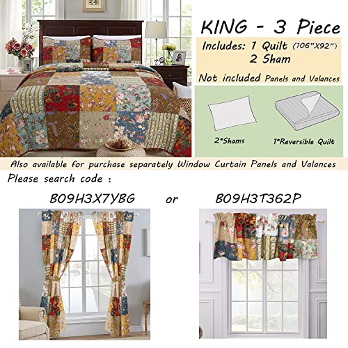 Cozy Line Home Fashions Floral Plaid Country Farmhouse Real Patchwork 100% Cotton Reversible Quilt Bedding Set, Coverlet, Bedspread (Khaki Red, King - 3 Piece) #TOP1