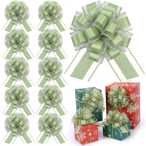 WILLBOND 10 Pcs 6 Inch Pull Bows Gift Wrapping Ribbon Pull Bows for Valentine Wedding Baskets Christmas Multicolor Wrap Accessory for Gift Present Holiday Decor (Bean Green)