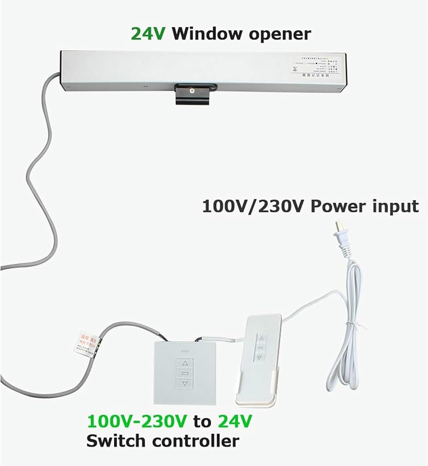 Elektryczny siłownik do otwierania okien, 24 V, z pilotem zdalnego sterowania i przełącznikiem, typ łańcucha, skok 300–800 mm, do okna szklarni