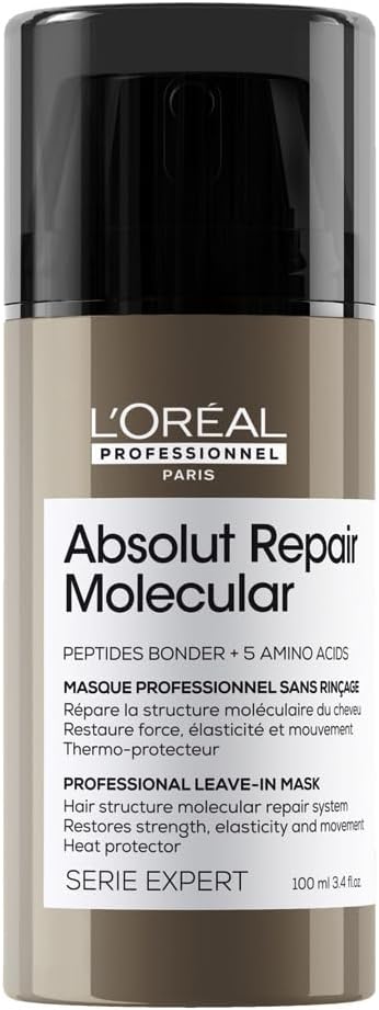 L’Oréal Professionnel | Absolut Repair Molecular Leave-In-Mask, Repair Damage & Restore Strength, Heat Protectant For Hair, For All Damaged Hair Types, SERIE EXPERT, 100ml
