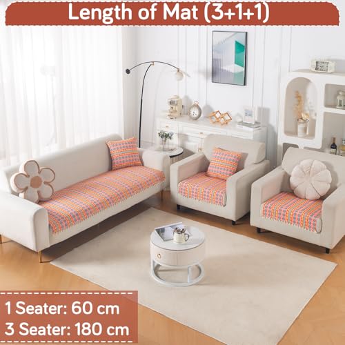 Image of HOKIPO 300 GSM Cotton Acrylic Jacquard Sofa Cover Mat for 5 Seater (3+1+1) with Tassel, 'Trivana Series' Coral Orange (IN-936+933-J2*2)