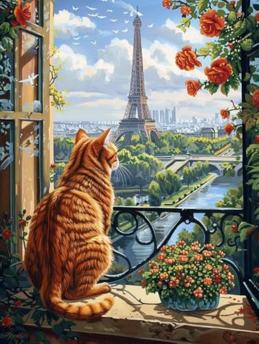 Peinture numéro adulte chat Tour Eiffel : kit coloriage par numéro acrylique 100x130cm