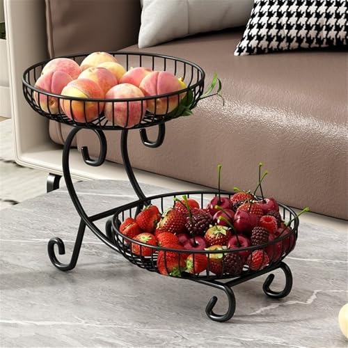 Frutero de 2 pisos negro con estante para platos centro de mesa elegante 4