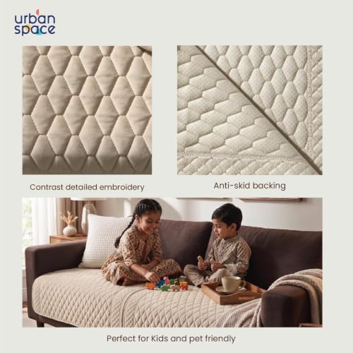 Image of Urban Space Velvet Embroidery Quilted Sofa Cover mat, Premium 3 Seater Non-Slip Sofa slipcover, Easy Care & Machine Washable, Seat Runner for Couch for Living Space (3 Seater - Honeycomb Beige)
