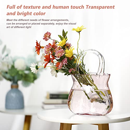 Clear Glass Vase With Elegant Purse Design, Glass Purse Vases With Handle And Bubbles Within Flower Vase, Glass Purse Vase, Glass Bag Vase For Flowers/Home Décor/Gifts - 1 Pink Vase Only #TOP5