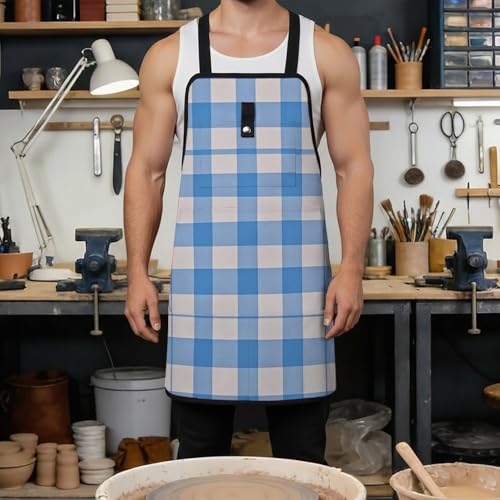 Delantal azul y blanco para trabajo con bolsillos miniatura 4