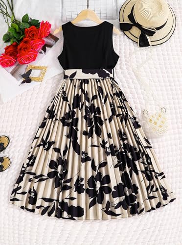 Hilinker Girls Floral Sleeveless Pleated Dress Summer Tie Knot Tank Dresses with Belt2