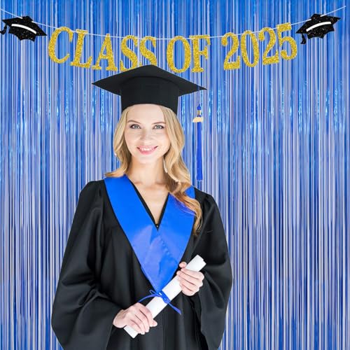 Image of 2 Pack Blue Door Streamers Party Decorations 3.3ft x 6.6ft,Blue Tinsel Foil Fringe Streamers Backdrop for Birthday,Graduation,Ocean Themed Party Decorations,Door Fringe Curtains for Birthday Party