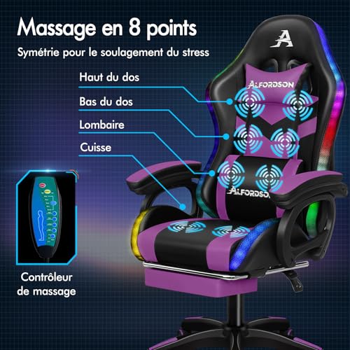 Chaise gaming LED ALFORDSON avec massage 8 points fauteuil ergonomique violet
