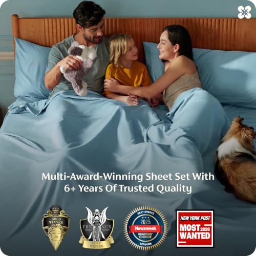 Image of Bedsure Queen Sheet Set, Rayon Derived from Bamboo, Cooling Sheets, PureWoven, Breathable & Soft, Deep Pocket Up to 16 Inches, Hotel Luxury Silky Bedding for Hot Sleepers, Aqua