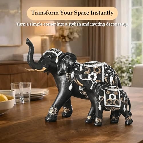 Image of Kuber Industries Set of 2 Elephant Figurines Idol for Home Decor | 6x5.5 Inch Resin Vastu Wealth, Prosperity Gift for Diwali & Housewarming | Black & Golden