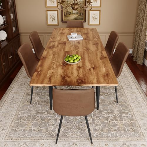 Rejeke 59"-75" Extendable Dining Table Set for 6,Wood Dining Room Table Set for 6,Mid Century Rectangular Kitchen Table Sets with 6 Upholstered Chairs for Dining Room (Easy Assembly,Space-Saving)
