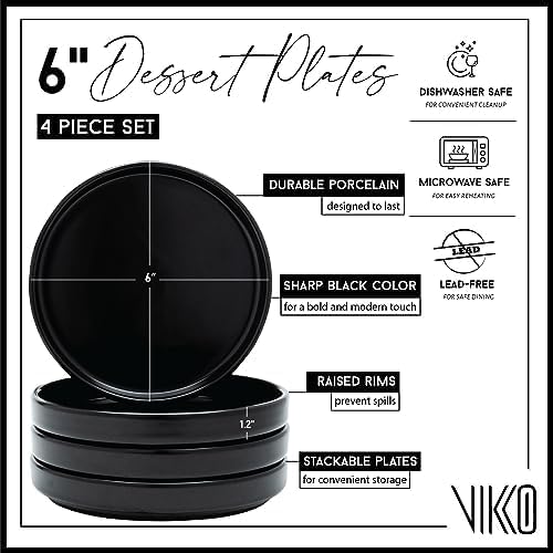 Miniatura 2 de Vikko Plato de postre, juego de 4 elegantes platos de postre con borde, negro, porcelana, platos de postre apilables de 6 pulgadas, apto para