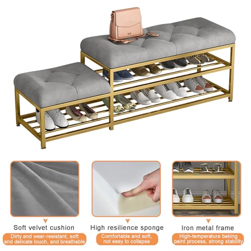 Banc de rangement à chaussures 3 niveaux en métal et velours d'entrée - 5