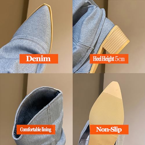 Women's Denim Block Heel Fold Over Knee Boots Fashion Pull On low chunky heel Casual Long Boots Y2K Cowgirl Wide-Calf Boots3