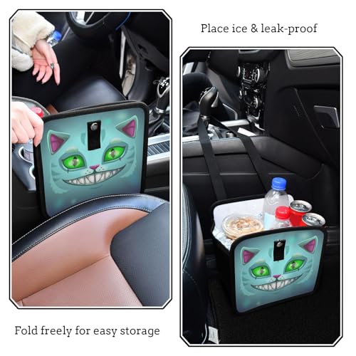 Image of Fantasy Scary Laugh Cat Car Trash Can, Foldable Hanging Car Trash Bag, Cheshire Cat Green Eye Halloween Small Waterproof Car Accessories Garbage Bin