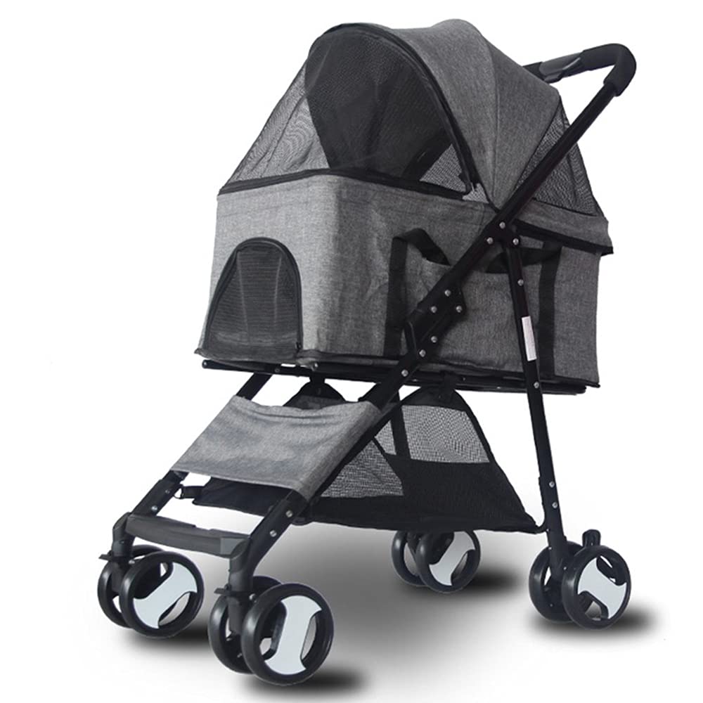 PETHOUSE Puppy Stoller with 4 Eva Wheels, Foldable Pet Carriage for Dogs Cats Outdoor Travel Camping, Dog Stroller for Small & Medium Animals Up to 15kg(33lbs), Grey Breathable Linen