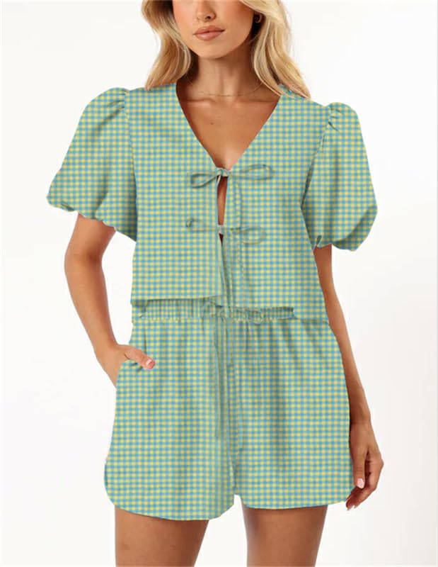 Image of Yuemengxuan Women Y2k Two Piece Plaid Lounge Sets Puff Sleeve Tie front Blouse Top High Waist Shorts Casual Pajamas Sets (Yellow & Blue, S), Small