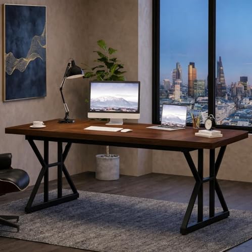 Image of Executive Computer Work Desk | Wooden Office Table for Home, Office, Workstation, Study | Strong Metal Frame Computer Table (Rustic Brown)