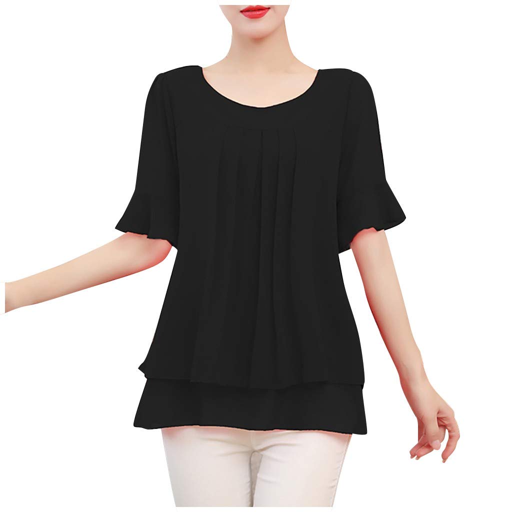 Ladies Solid Chiffon Short Sleeve Shirts Round Neck Pleated Going
