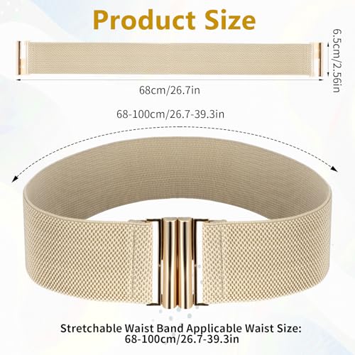 cobee 3Pcs Wide Elastic Belts for Women, Vintage Stretch Waist Belt Adjustable Dress Waistband Stretchy Belt with Golden Buckle Black White Khaki3