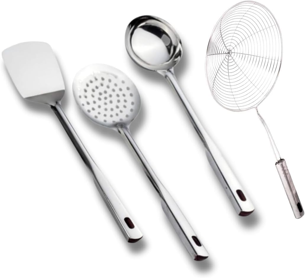 4 Pieces Stainless Steel Kitchen Tools Set For Cooking and Serving For Home And Kitchen - Set Of 4 ((Ladle + Skimmer + Turner + Strainer)