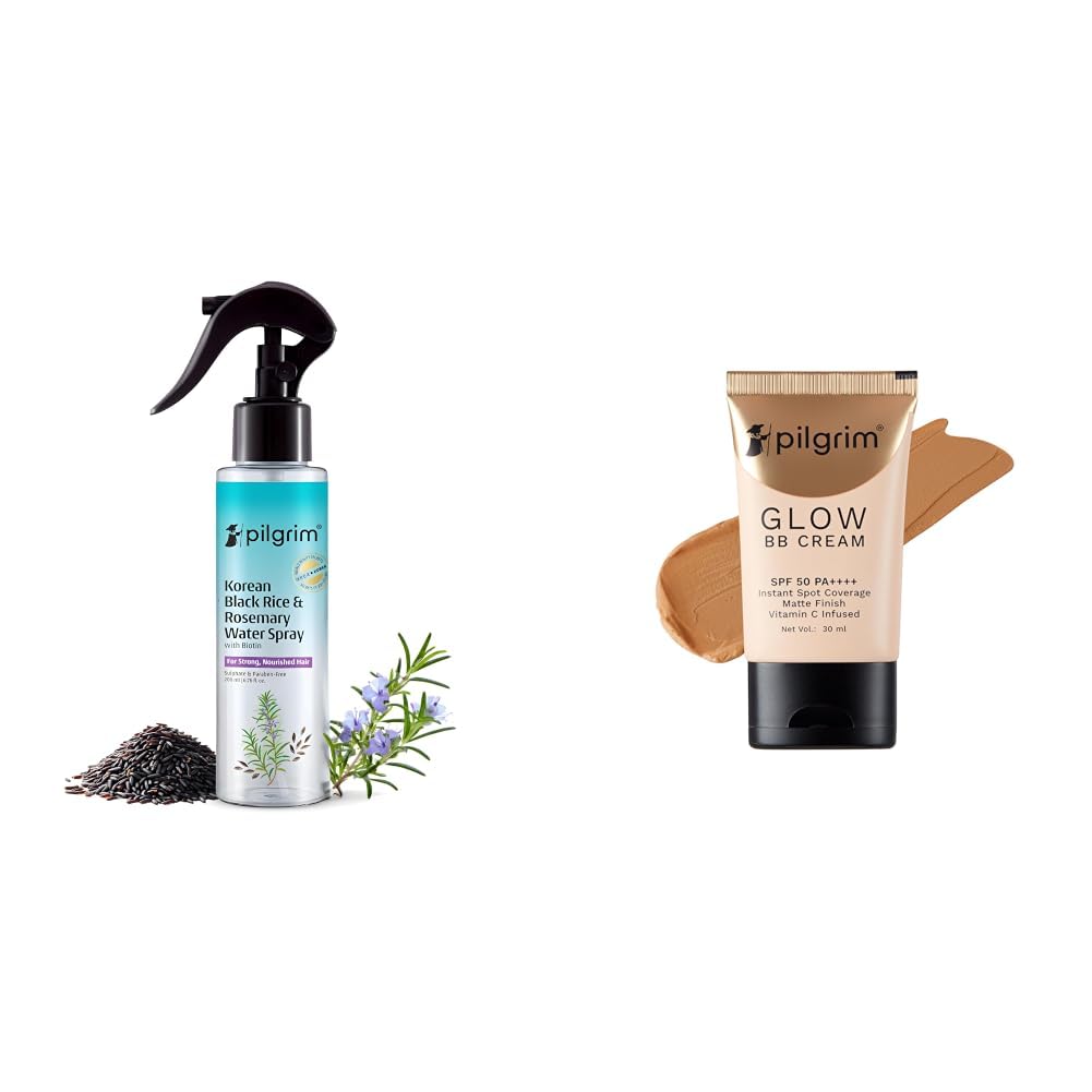 Pilgrim Korean Black Rice and Rosemary Water Spray With Biotin For Strong, Nourished Hair 200ml & Almond Glow 3-In-1 Medium BB Cream SPF 50 PA++++ With Niacinamide, Hyaluronic Acid & Vit C For-picture-34