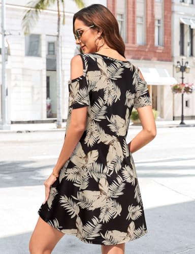 Image of Misyula Style Womens Summer Cold Shoulder Floral Flowy T-Shirt Dress with Pockets