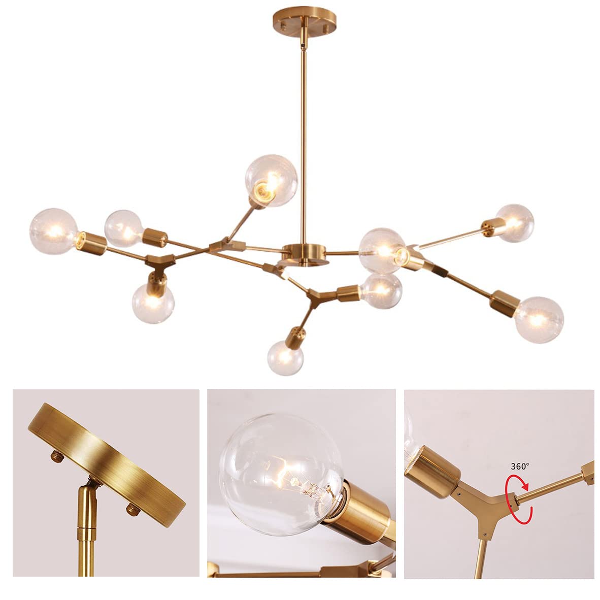 KCO Lighting Modern Sputnik Chandelier Brushed Brass Hanging Lamp Industrial Flush Mount Ceiling Light Fixture Adjustable Hanging Lamp for Living Room (Gold)