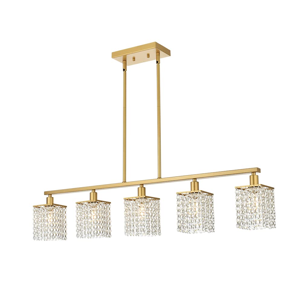 BONLICHT Rectangular Crystal Chandelier Brushed Brass 5 Light Mid Century Kitchen Island Crystal Linear Pendant Lighting Gold Modern Farmhouse Dining Room Flush Mount Raindrop Ceiling Light Fixture