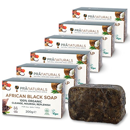 PraNaturals Savon Noir Africain Bio 100% Biologique 6x 200g, de source éthique et fabriqué à la main au Ghana, pour tous les types de peau