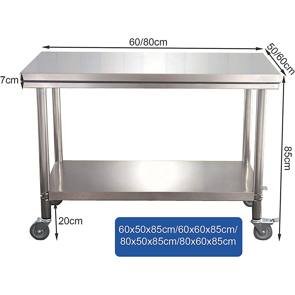 Equipement en acier inoxydable épaissi avec cuisine, roulettes avec frein de verrouillage, salle de travail de la préparation de nourriture commerciale pour restaurant familial, garage bar,80x60x85cm