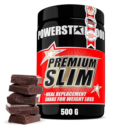 Powerstar PREMIUM SLIM Mahlzeitenersatz-Shake 500 g | 63 kcal pro Portion | Deutsche Herstellung | Trinkmahlzeit mit 23 Vitalstoffen | 25 Portionen pro Dose | Meal-Replacement-Shake Chocolate