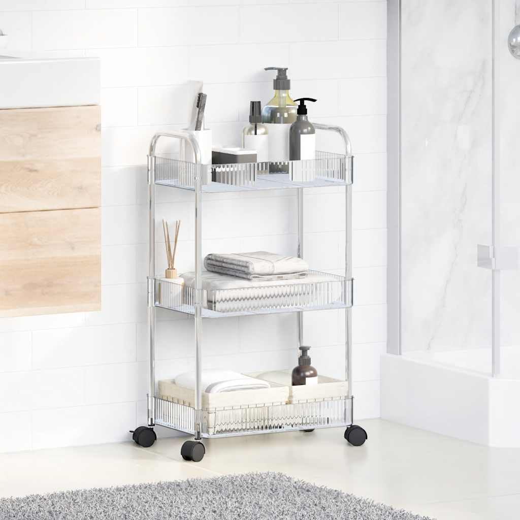 Aufbewahrungswagen 3 Etagen transparent 37x28x68 cm Acryl Edelstahl rollbar mit 4 Rädern für Haushalt, Büro, Lager, Garten, Umzug, Treppensteiger, Klappkarre, leicht, robust, vielseitig