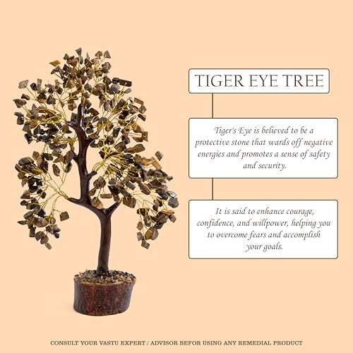 Image of Tiger Eye Gemstone Tree | 300 Beads | Money Bonsai | Good Luck | Chakra Balancing | Reiki Healing Crystals | Prosperity Table Decor | Gift | Size 9-10 Inch