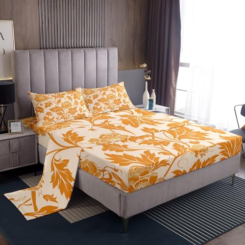 jejeloiu Groovy Flower 3 Pieces Sheet with 16 Inch Deep Pockets Twin Size Retro Floral Bedding Orange Bed Sheets Set for Boys Girls Teens