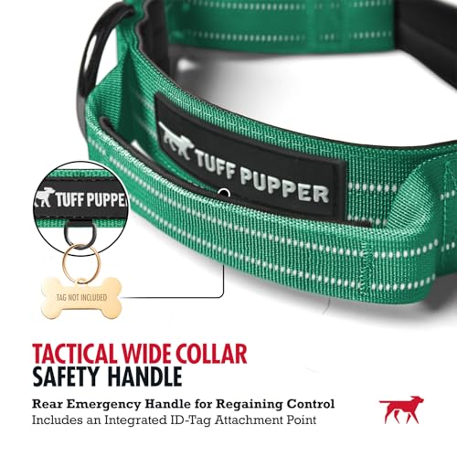 Image of Tuff Pupper Tactical Dog Collar | Heavy Duty 1.5 inch Wide Ballistic Nylon | Training Control Handle | Quick-Release Metal Buckle | Reflective Bands | ID Tag Holder | Padded Inner Lining (Green, Medium)