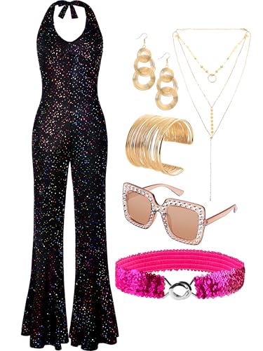 SOMSOC 70s Disco Jumpsuit Costumes Women Fashion Disco Accessories for Halloween Necklace Earrings Bracelet Glasses Belt