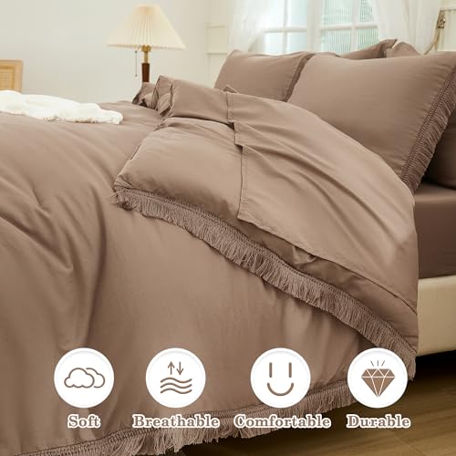 Image of Andency Taupe Full Size Comforter Set with Sheets - 7 Pieces Boho Tassel Bed in a Bag Soft Lightweight Bedding Sets, Taupe Fringe Bed Set with Comforter, Sheets, Pillowcases & Shams