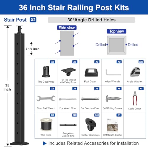 Image of BLIKA 4FT-10FT Complete Set 36 inch Stair Railing Post Kits, Adjustable Angle Line Post (25 to 35), Black Swageless Cable Railing System Include 2 Stair Posts, 150FT 1 /8 inch Stainless Cable(No Handrail)