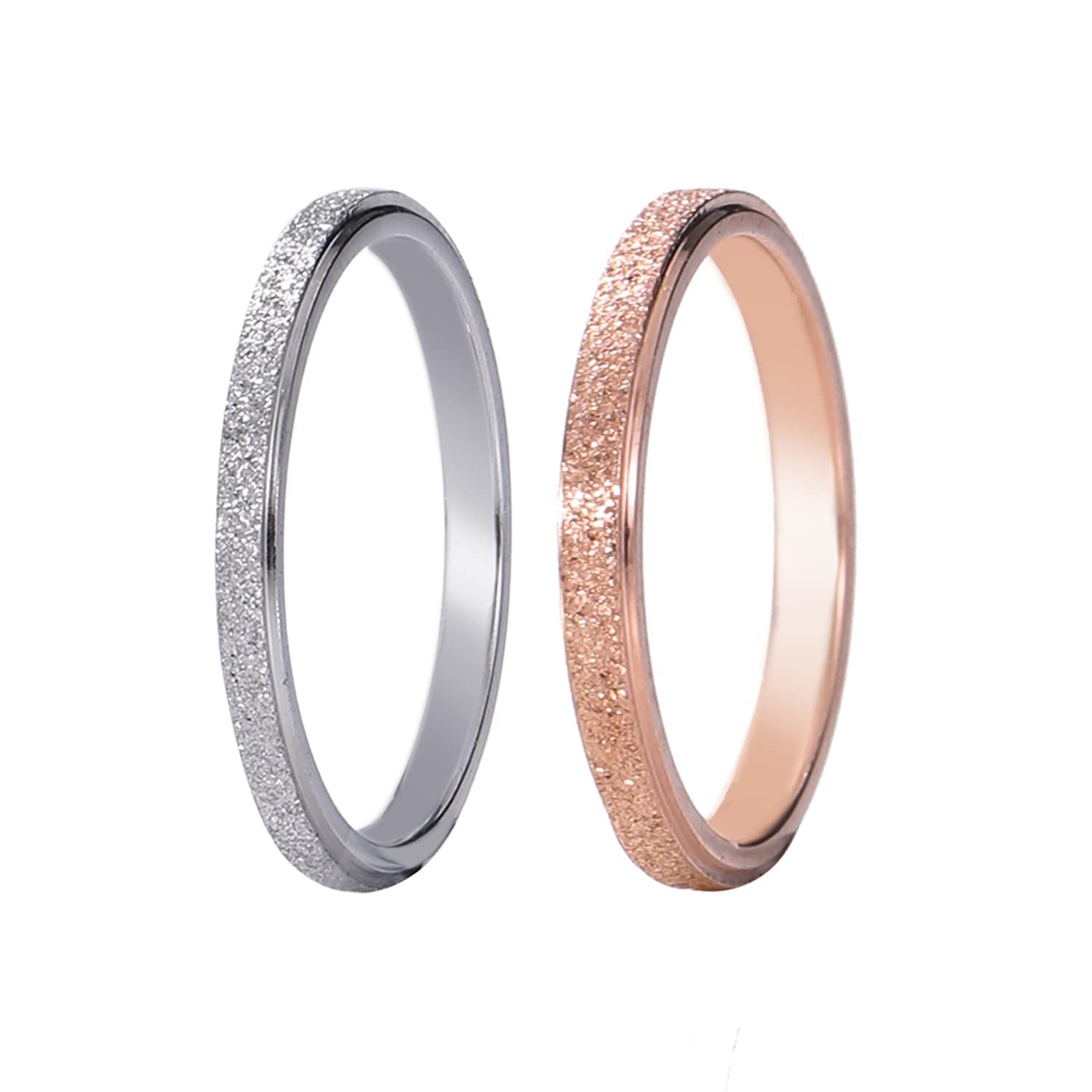 NUNCAD2 Piezas Anillo de Acero Inoxidable Oro Rosa/Plata 2 mm Arenado Apilables Pulidos para Mujer Niña Hombre Talla 9.25-22